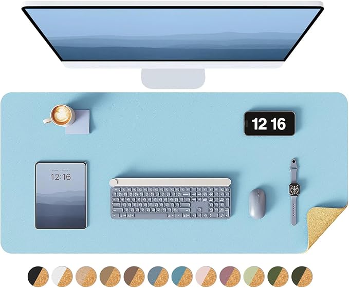 YSAGi Double-Sided Desk Pad, 35.4"x17" Leather Desk Mat, Eco Cork Desk Pad Protector,Large Mouse Pad,Waterproof Desk Blotter for Office/Home (Baby Blue/Cork)
