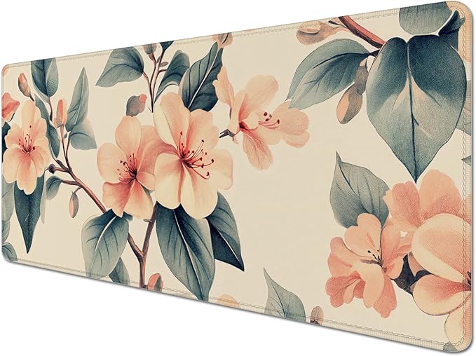 Peach Blossoms Mouse Pad Desk Mat,Floral Mouse Pad Desk Mat,Large PC Mouse Pads Gaming Mousepad with Non-Slip Stitched Edges Rubber Base for Office,Gaming Room,Computer,Keyboard,Laptop
