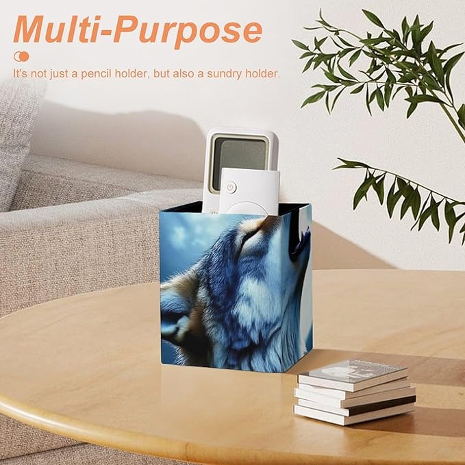 Holder Cup Makeup Brush Storage Organizer, Waterproof Multifunctional Office Supplies, Pen Holder Square Leather Pencil Full Moon Wolf