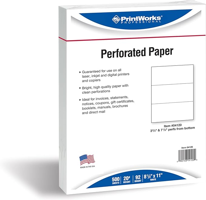 PrintWorks Professional 3 Part Perforated Paper 8.5” x 11” - Perfect For W-2, 1099, & Statement Use - Made in the USA - 500 Sheets - 24 lb - Printer Compatible - White (04122)