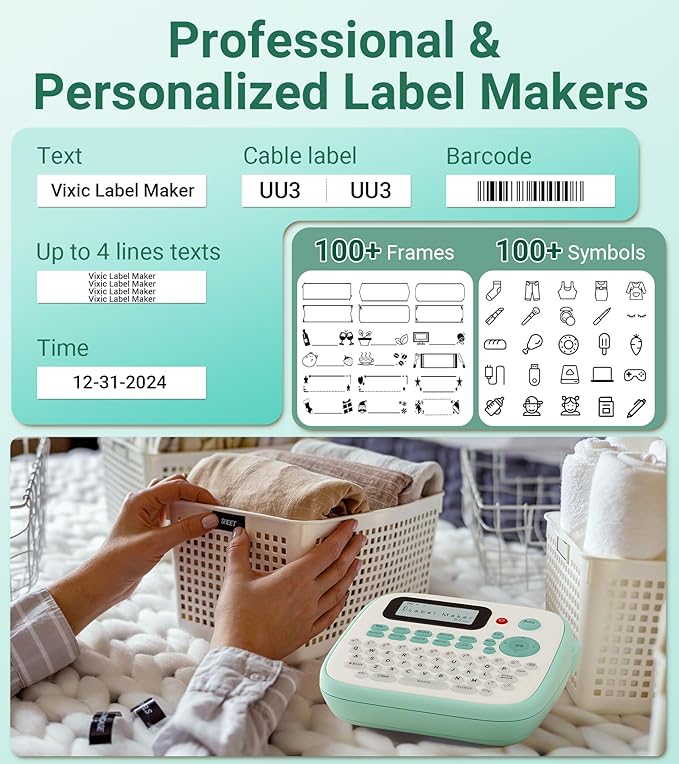 Vixic Label Maker, D210S Label Maker Machine with 4 Laminated Tapes, 12mm Labeler Labelmaker with QWERTY Keyboard, Print Different Fonts Frame Barcode for Home Office School, Green