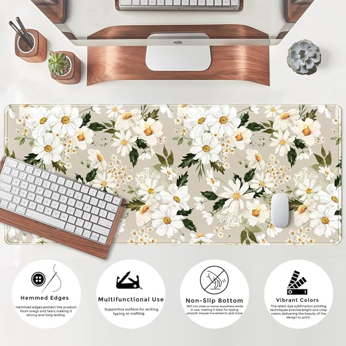 Daisy Floral Daisies Large Mouse Pad Watercolor Flowers Desk Mat, Washable Mousepad LYC Cloth Stitched Edges Women Girls Gaming Mousepad Computer Pc Laptop Desk Mat 31.5 X 11.8 in