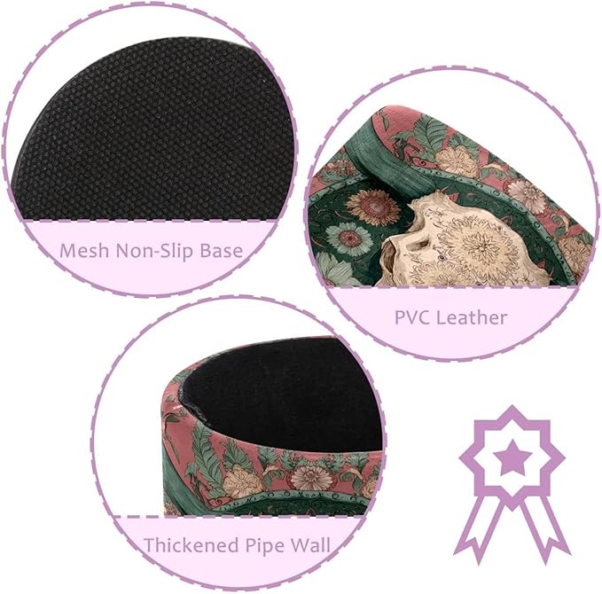 Vintage Western Skull Floral Flower Bones PVC Leather Circular Pencil Holder for Desk Organizer Stationery Holder for Office, School(3.9 x 3.1 Inches)