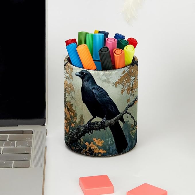 _Black Crow Sitting on Branch of Oak Tre (1) Pen Holder Stand Cup Pencil Holder Organizer Makeup Brush Holders for Home Office Desk