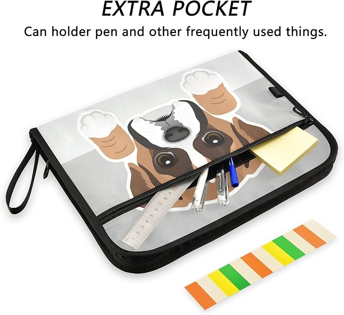 Boxer Dog Puppy Expanding File Folder 13 Pockets with Zipper Cute Dog Expandable Filing Folders Accordion Document Files Organizer for A4 Letter Size Paper