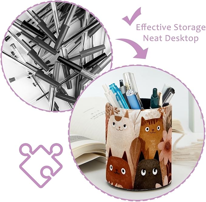 Leather Pen Holder for Desk Cute Colored Cats Pencil Cup Desktop Organizer Makeup Brush Holders Office Supplies for Home, Kids & School