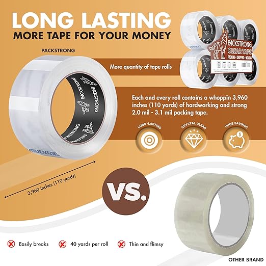 Packstrong Industrial Grade Clear Packing Tape 84 Rolls - 110 Yards per Roll - 2" Wide x 2 mil Thick, Acrylic Adhesive Tape for Box Office Moving Packaging Shipping