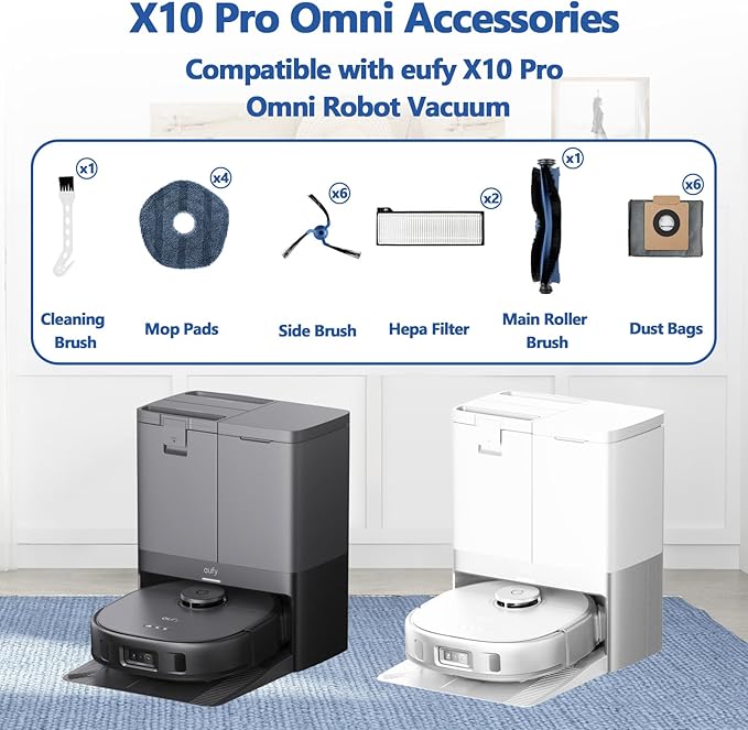 20 Pack X10 Pro Omni Replacement Parts Compatible with Eufy X10 Pro Omni Robot Vacuum Cleaner Accessories,1 Roller Brush, 2 HEPA Filters, 4 Mop Cloths, 6 Side Brushes, 6 Dust Bags, 1 Cleaning Tool