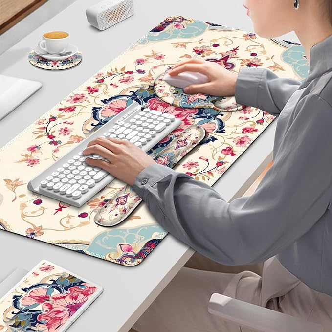 Gaming Mouse Pad, Large Desk Mat, Cute Desk Pad Protector, 4in1 XXL Mousepad + Keyboard Wrist Rest+Mouse Wrist Rest+Coaster Set with Ergonomic Desk Pad for Home Office Computer, Retro Style Pattern
