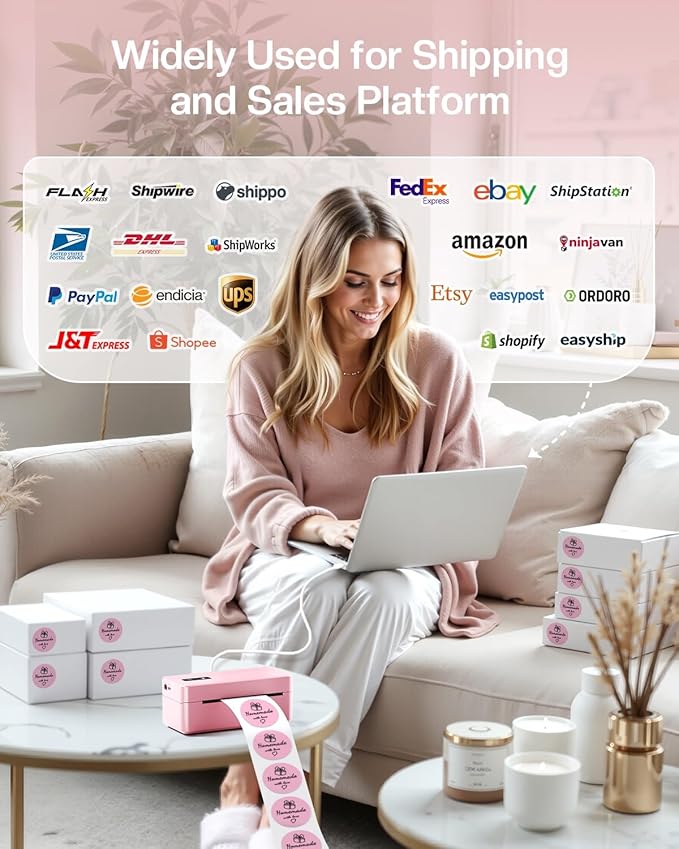 Bluetooth Thermal Shipping Label Printer, 2410BT 4x6 Label Printer for Small Business, Pink Label Printers Compatible with iPhone/Android & PC, Widely Used for Ebay, USPS, FedEx, Tiktok