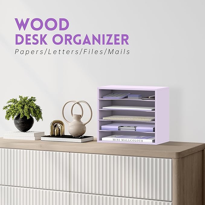 SUPEASY Wood Desk Organizer, 5 Tier Paper File Organizer for Desk, Wooden Desktop Organizer, Paper Letter Literature Mail Sorter, for Office School & Home Organization, Purple