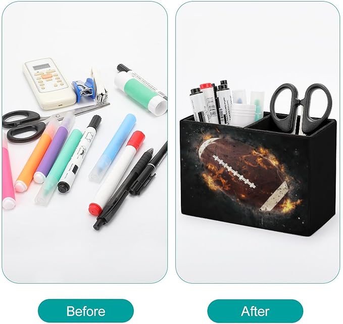 Pen Holder, Pencil Holder for Desk Organizer, America Football Fire PU Leather Pencil Cups Desktop Stationery Storage Makeup Brush Holder Pen Organizer for Office Home