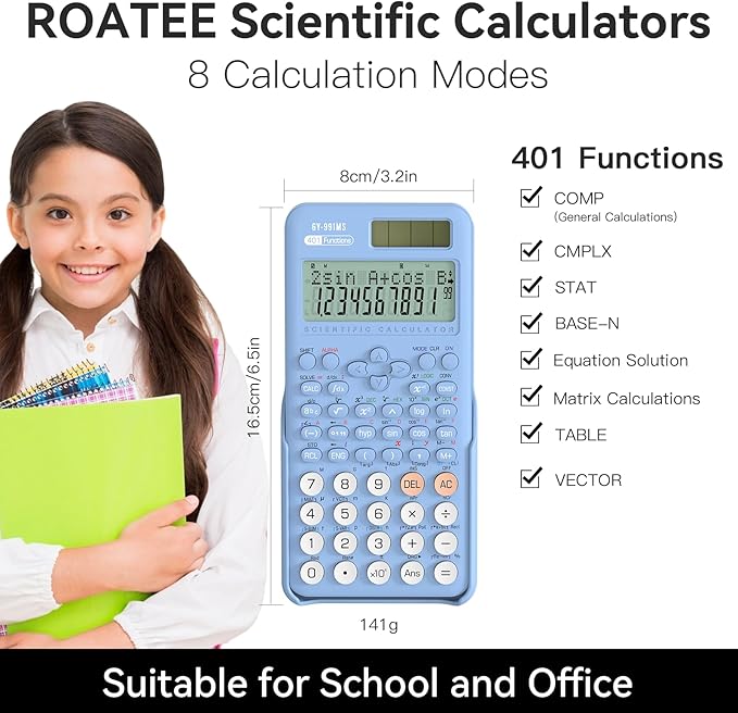 Scientific Calculator School Supplies, ROATEE 991MS 401 Functions 2-Line Display Desktop Calculator with Sliding Cover, Solar Battery Dual Power Kawaii for Middle High School Student and Teacher Blue