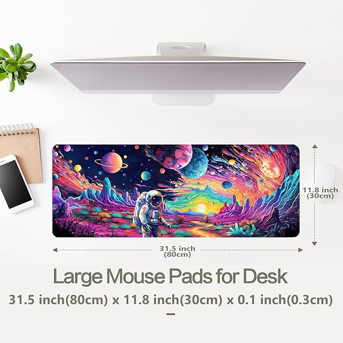 Cyberpunk Astronaut Mouse Pad Desk Mat Fantasy Planet Space Large Gaming Mouse Pad Anime Desk Pad Mousepad XL Extended Keyboard Mat Futuristic Cosmic Adventure Mouse Mat, Waterproof, 31.5 x 11.8 in