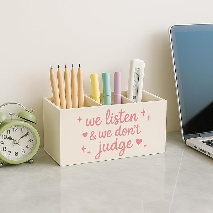 Pink Mental Health Wooden Pen Holder for Desk, Therapy Counselor Office Decor Must Haves, We Listen and We Don't Judge Inspirational Pencil Holder for Desk Decor