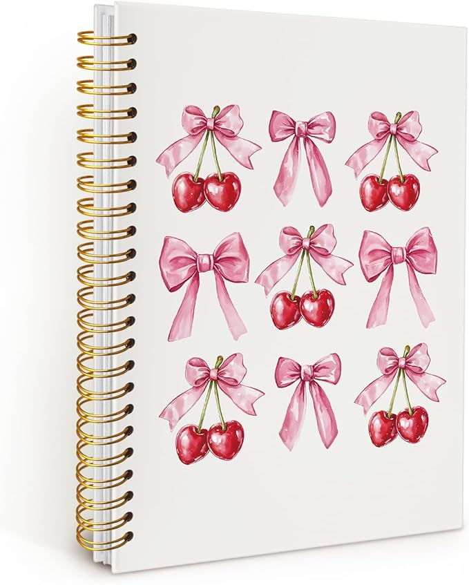 Cute Notebook, Cherry Coquette Pink Bow Notebook Gifts for Women Girls, Girly Stuff Hardcover Spiral Notebook Journal 8.3x5.5 Inch