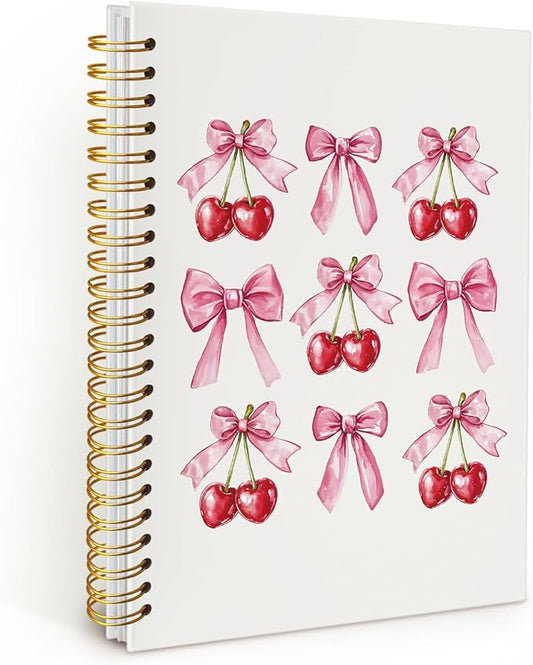 Cute Notebook, Cherry Coquette Pink Bow Notebook Gifts for Women Girls, Girly Stuff Hardcover Spiral Notebook Journal 8.3x5.5 Inch