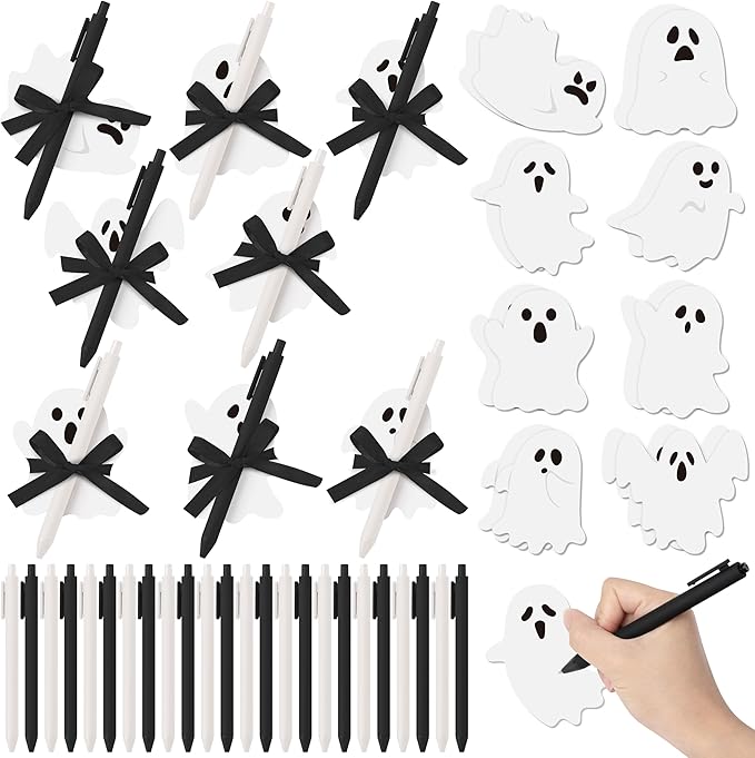 72pcs Halloween White Ghost Sticky Notes & Pens & Ribbons Set, Cute Little Boo Pastel Notepads Gift, Self-Stick Memo Pad for Office Classroom Halloween Back to School Party Favor Supplies