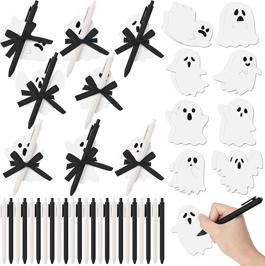 72pcs Halloween White Ghost Sticky Notes & Pens & Ribbons Set, Cute Little Boo Pastel Notepads Gift, Self-Stick Memo Pad for Office Classroom Halloween Back to School Party Favor Supplies