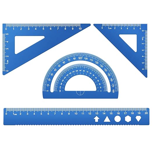 MSDADA Triangle Ruler, Protractor, Square and Ruler Set, 4 Pieces Aluminum Alloy Ruler, Metal Drafting Ruler Kit, Geometric Protractor for Student, School, Home, Office (Blue,20cm/7.87inch)