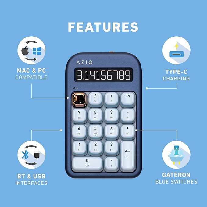 AZIO IZO Wireless Mechanical Calculator & Number Pad - Bluetooth 5.0 & USB, Gateron-Blue Mechanical Switch, 9 Backlight Modes, Rechargeable, PC & Mac Compatible, Blue Iris (IN105)