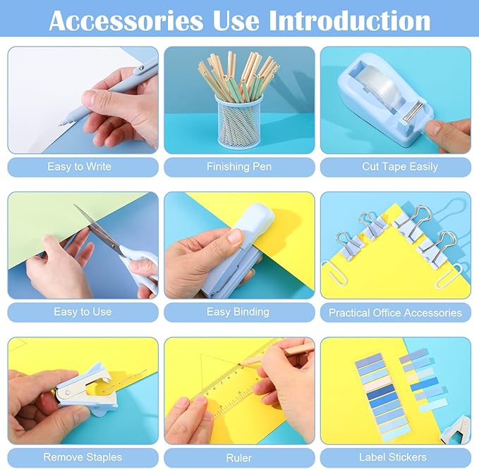 13-in-1 Desk Accessories - Blue Office Supplies with Blue Stapler, Tape Dispenser, 1000 Staples, Scissors, Pen, Pen Holder, Tabs, Ruler, Clips
