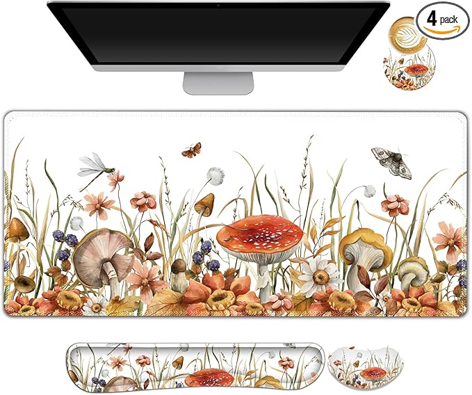 ARTSO Large Gaming Mouse Pad, Keyboard Wrist Rest Pad & Wrist Support Mousepad Set, Stitched Edge, Extended, Non-Slip Base, Memory Foam Desk Mat for Office, Home, Mushroom Plants