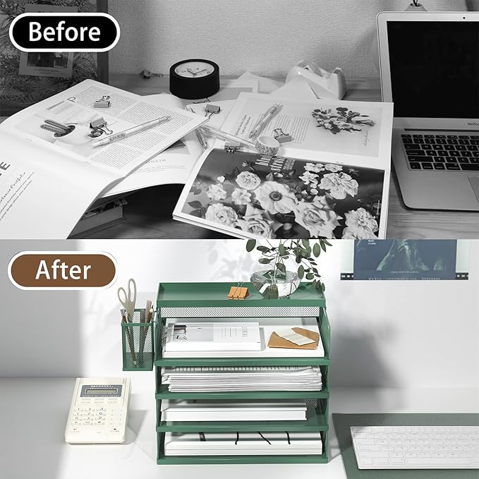 Metal Stackable Letter Trays, 4-Tier Desk Organizer & Paper Trays for Office, Stackable File & Document Tray with Magnetic Labels,Green