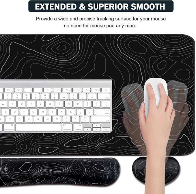 Topographic Mouse Pad Set, Extended Mouse Pad+Keyboard Wrist Rest, Memory Foam Ergonomic Easy Typing, 4Pcs (35.4×15.7 in) Desk Pad Set for Home Office Study Game-Topographic Contour