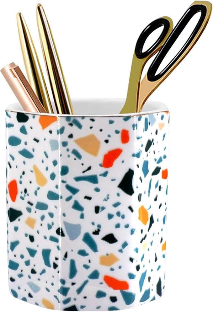 Pen Holder, Makeup Brush Holder Ceramic Shiny Gold Terrazzo Marble Stone Pattern Pencil Cup for Girls Kids Women Durable Stand Desk Organizer Storage Gift for Office, Classroom, Home Colorful