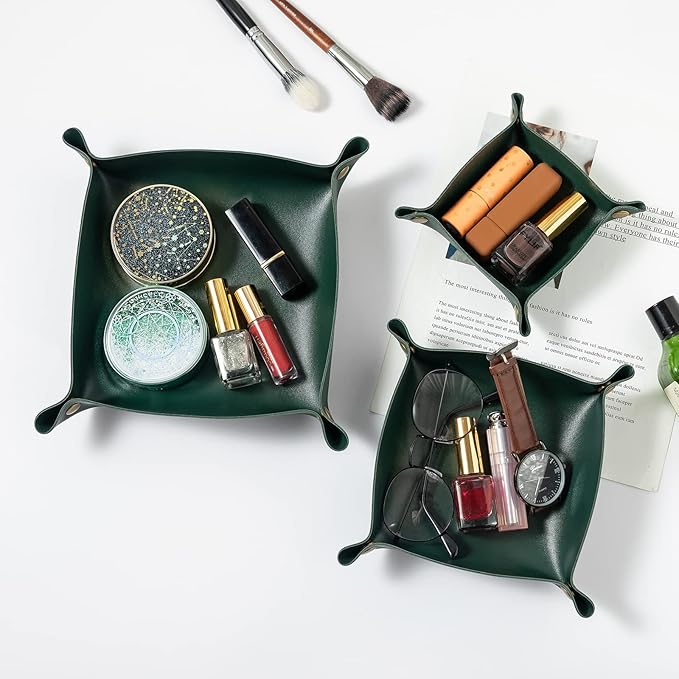 3 packs PU Leather Tray in 3 Sizes Jewelry Tray Glossy Leather Desk Organizer Leather Catchall Tray for Jewelry/Key/Coin/Sun Glasses/Watch/USB Cables etc. (blackish green)