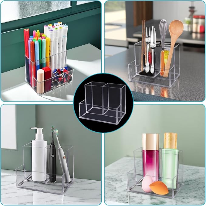 Desktop Clear Pen Holder with 3 Compartments, Acrylic Pencil Holders, Desk Organizers and Accessories