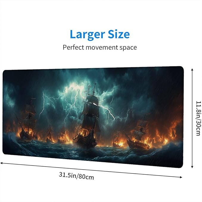 Pirate Ships Desk Pad Mouse Pad Ocean Lightning Dark Movie XL Mouse Pad Large Mousepad Extended Laptop Keyboard Mat Gaming Desk Pad Mouse Mat Office Computer Keyboard Laptop Home 31.5"x11.8"