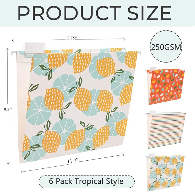 6 Pack Hanging File Folder Letter Size Reinforced Hanging Folders with 1/5-Cut Adjustable Tabs File Folders for Filing Cabinet Organizer for Office Home, Tropical Style