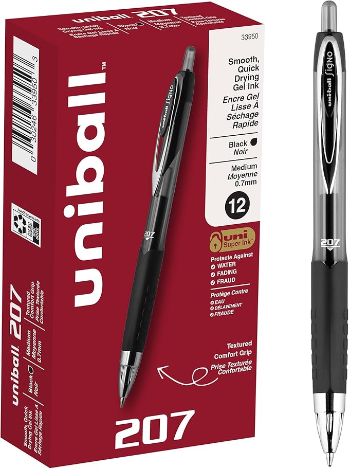 uni-ball 207 Retractable Gel Pens Medium Point, 0.7mm, Black, 12 Pack