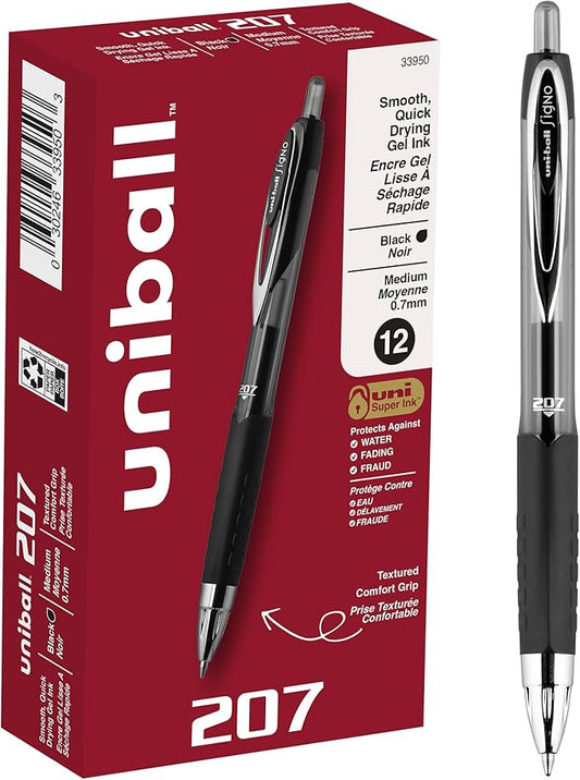 uni-ball 207 Retractable Gel Pens Medium Point, 0.7mm, Black, 12 Pack