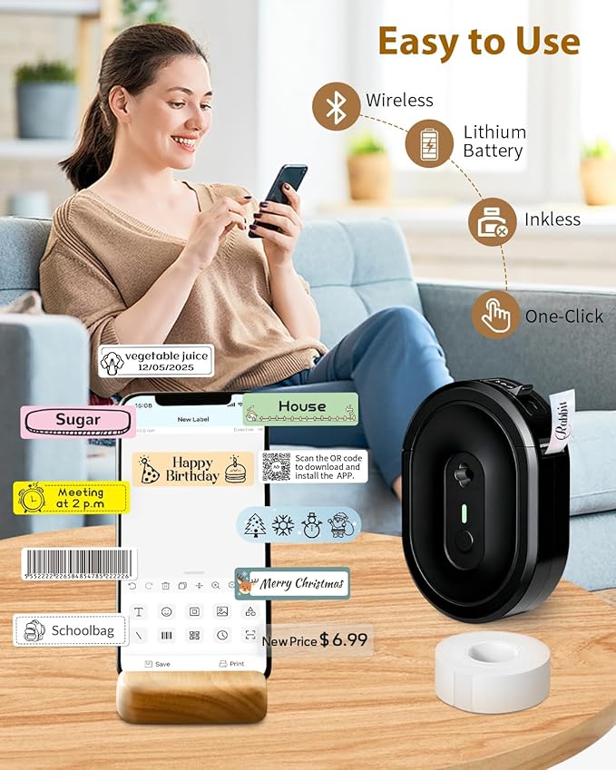 Label Maker Machine with Tape, N12 Portable Bluetooth Label Printer, Wireless Mini Label Makers Thermal Sticker with Multiple Templates for Home, Kitchen, School, Office Organization, Black
