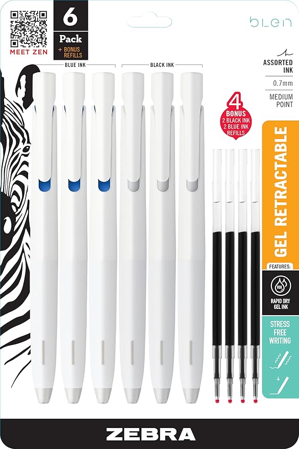 Zebra Pen bLen Gel Pens 0.7mm Medium Point Black And Blue Ink 6-Pack With 4 Refills, Smooth Fast-Drying Ink, Vibration-Free Writing Experience, Rubber Grip, Low-Profile Clip (49506)