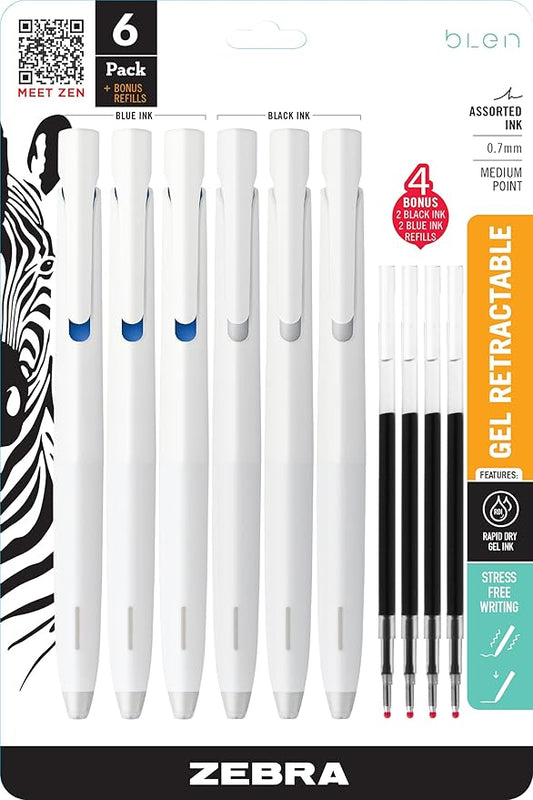 Zebra Pen bLen Gel Pens 0.7mm Medium Point Black And Blue Ink 6-Pack With 4 Refills, Smooth Fast-Drying Ink, Vibration-Free Writing Experience, Rubber Grip, Low-Profile Clip (49506)