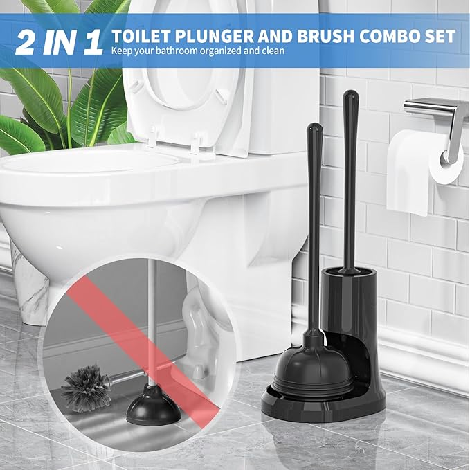 uptronic Toilet Plunger and Brush, Bowl Brush and Heavy Duty Toilet Plunger Set with Holder, 2-in-1 Bathroom Cleaning Combo with Modern Caddy Stand for for 5.7-inch Toilet Drain Bathroom Cleaning