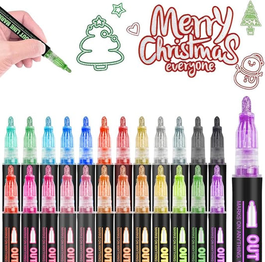 Marker Pen for Highlight, 2025 New Metallic Border Self Outline Pens, Children Art Creation Double Line Outline Markers, Festival Party Supplies Convenient for Posters, Painting Creations (24 color)
