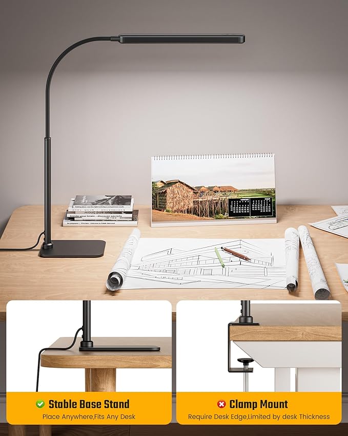 SUPERDANNY Eye-Caring LED Desk Lamp with Base 360° Flexible Gooseneck Work Lamp Touch Control 3 Light Colors Smooth Dimming Task Lighting Reading Light for Home Office College Dorm, Black