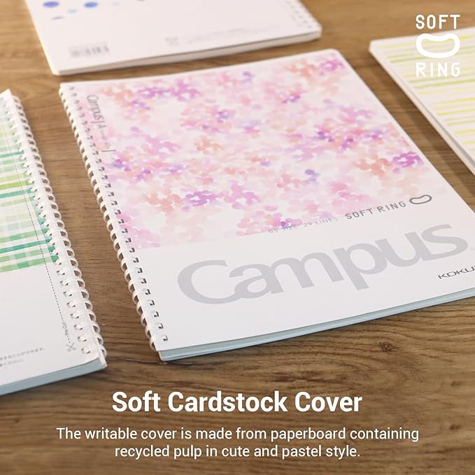 Kokuyo Spiral Notebook Journal, 4 Pack Campus B5 Soft Ring Notebooks with Dotted A 7mm Rule, 40 Sheets, Aesthetic 1 Subject Notebook in Blue Pink Yellow Green, College Office Note Taking. Japan Import