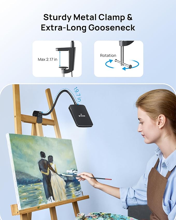 TROND LED Desk Lamp with Clamp, 1000LM Super Bright 3-Level Dimmable Desk Light 6000K Daylight, Extra-Long Flexible Gooseneck Clip on Light, Eye-Care Clamp Lamp for Painting, Workbench,Reading