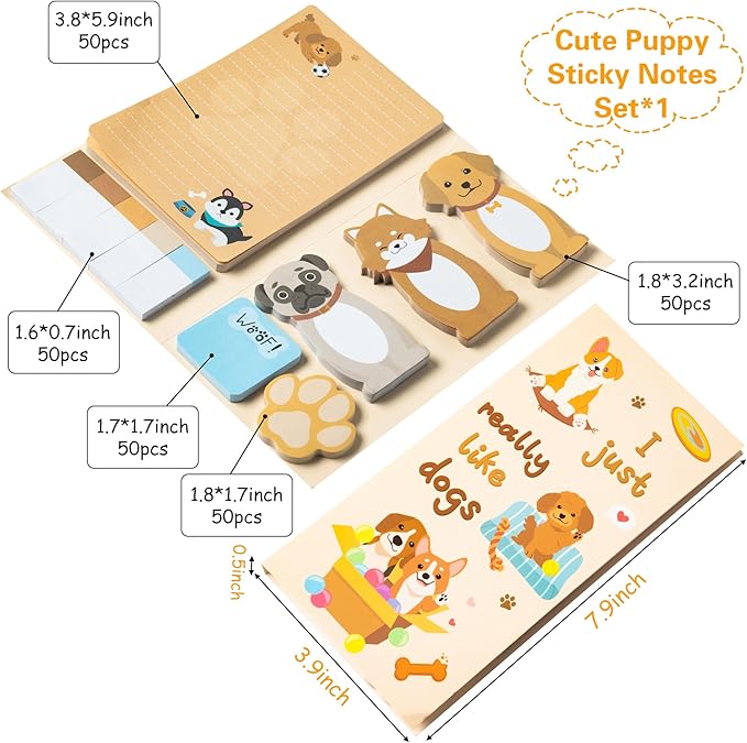 Xqumoi I Just Really Like Dogs Sticky Notes Set, 550 Sheets, Cute Cartoon Puppy Self-Stick Notes Pads Animal Divider Tabs Bundle Writing Memo Pads Back to School Office Supplies Small Gift