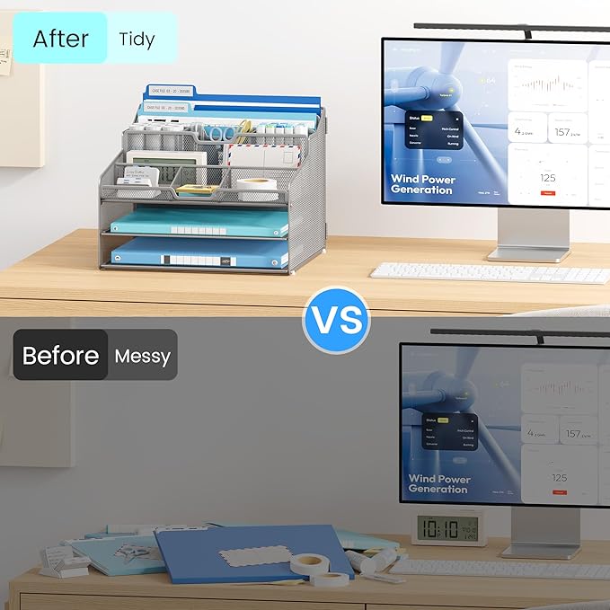 Lavatino Desk Paper File Organizer - Metal Mesh with 2 Letter Trays, 7 Flexible Dividers, 2 Vertical File Folder Holders for Office/Home/Classroom Supplies, Desk Organizers and Accessories, Silver