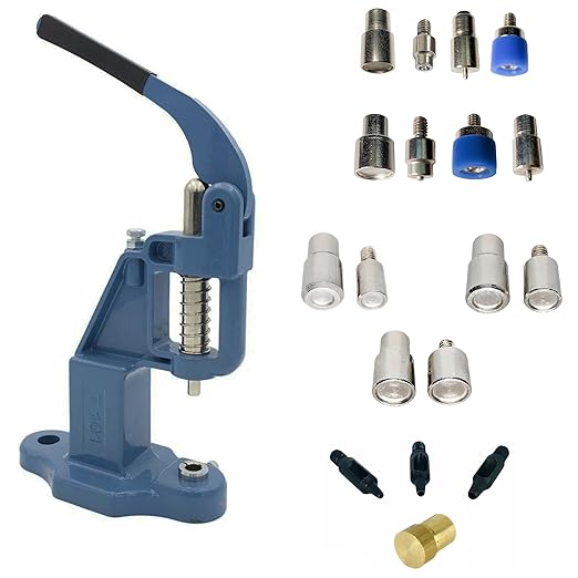 Snaps'N'Rivets Hand Press Kit with 2 Utility Snap Dies and 3 Double Capped Rivet Dies and 3 Hole Punches(Blue Press)