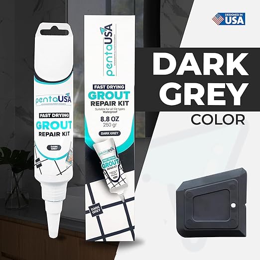 PentaUSA Tile Grout Repair Kit - Dark Grey Filler, Triple Protection, Fast Drying Formula Restores and Renews Lines with Float (8.8oz / 250gr)