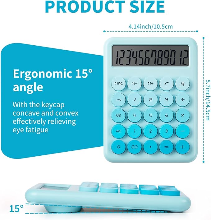 Desk Cute Blue Calculator with Big Buttons, Calculators Desktop, 12 Digit with Large LCD Display, Basic Standard Calculator,Mechanical Switch Aesthetic Calculators Office Supplies for Home and School