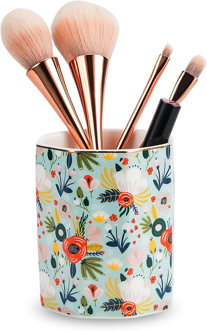 Jwest Pen Holder, Makeup Brush Holder Ceramic Shiny Gold Floral Pattern Pencil Cup for Girls Kids Women Durable Stand Desk Organizer Storage Gift for Office, Classroom, Home Mint Flowers